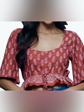 Sacred Threads Rust Red Printed Cropped Peasant Top